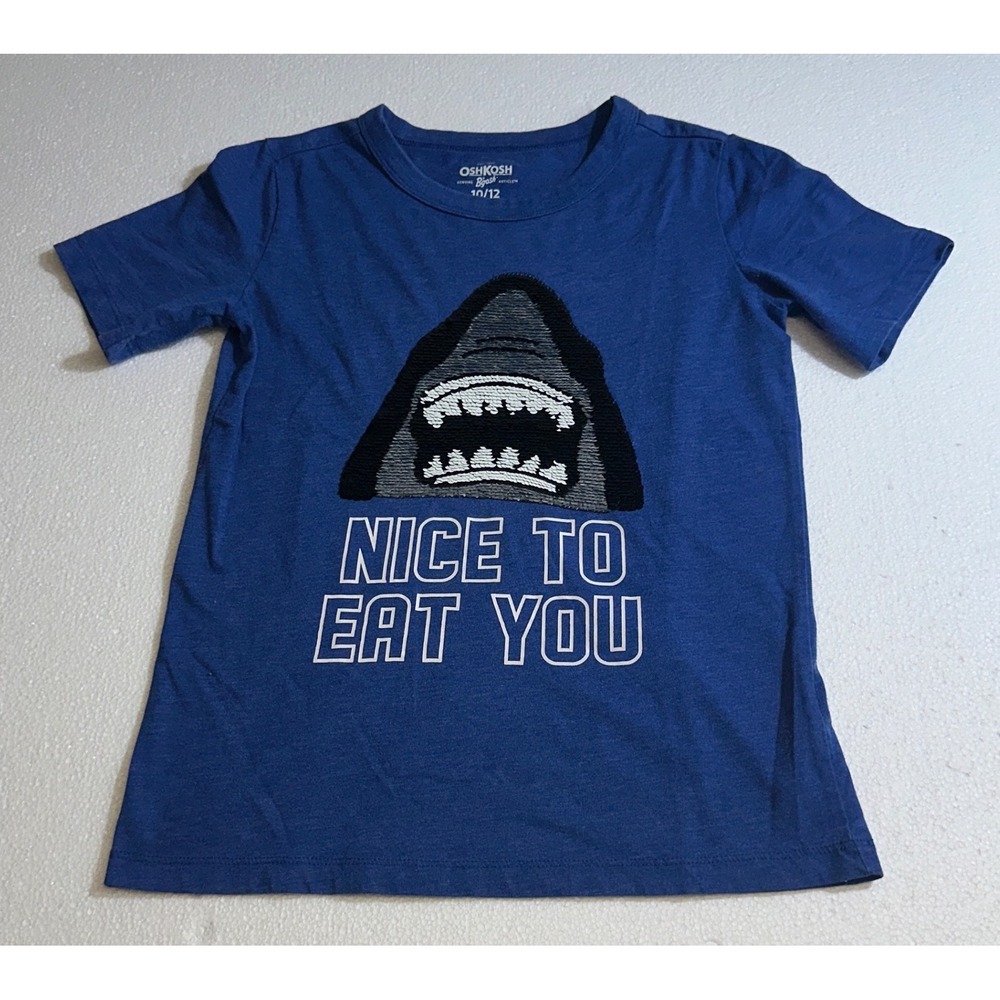 OshKosh Boys Blue Shark Sequin Graphic T-Shirt Nice To Eat You Size 10/12